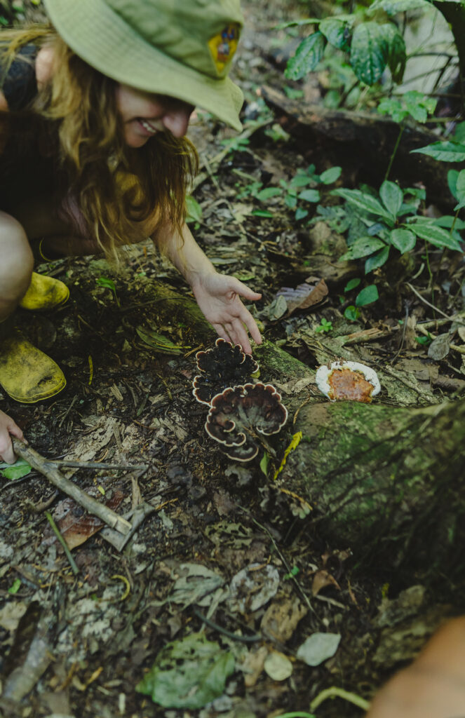 Backpacker bekijkt paddenstoelen tijdens junglewandeling Costa Rica